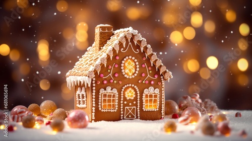Gingerbread house with candies and lights on background. Festive concept