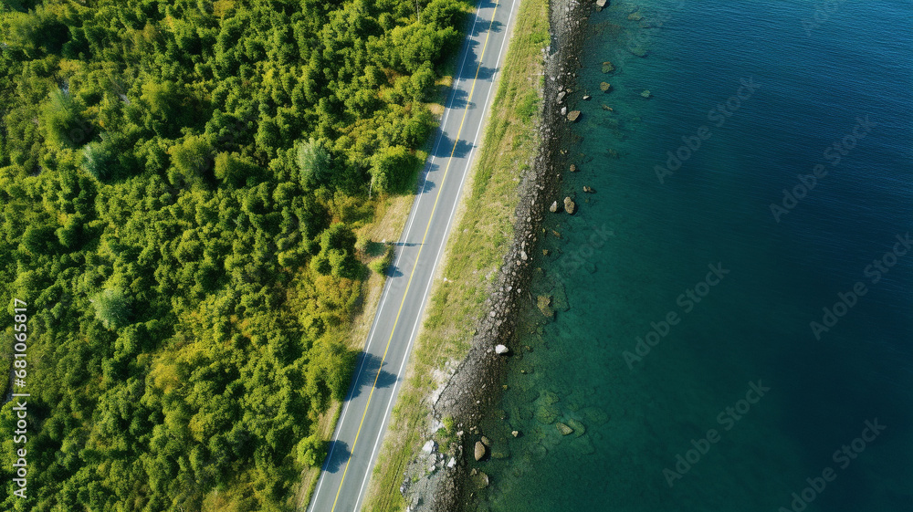 Top view of a long, empty highway along the coast. Top view of a long, empty highway along the coast.