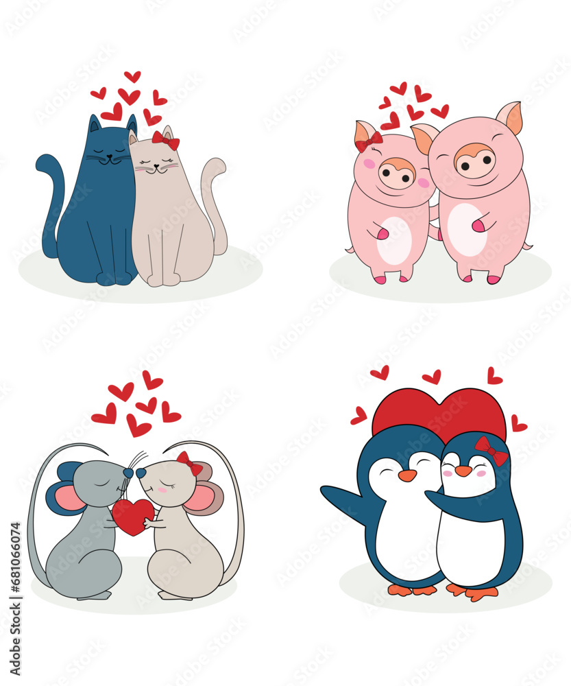 Valentine's Day Animal Couple Collection Of Cat Pig Mouse And Penguin
