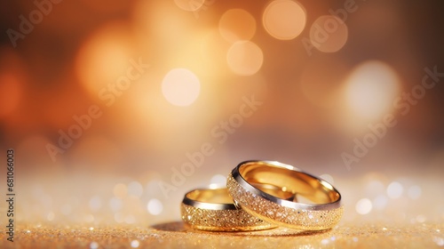 Wedding rings on blured bokeh glowing golden background. Symbol of love and romance on a textured glitter background with copy space for your greeting or congratulations