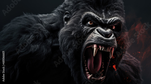 Silverback - adult male of a gorilla face. A gorilla appears to be angry, mouth open, yawning