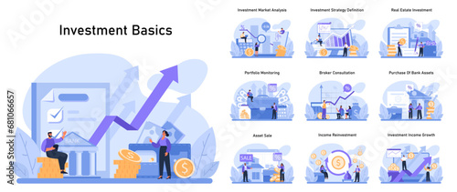Investment basics set. Financial growth strategies, market analysis, and asset management. Essential concepts for portfolio building and income investment. Flat vector illustration.