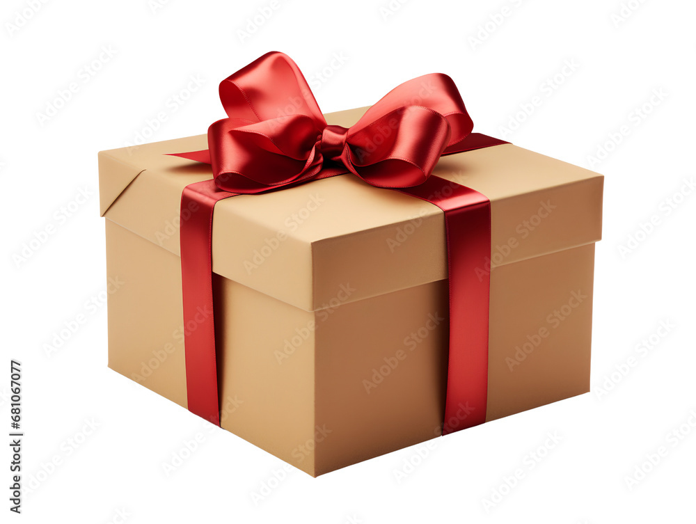 Obraz premium Rustic Brown Paper Wrapped Package with Elegant Red Ribbon, isolated on a transparent or white background