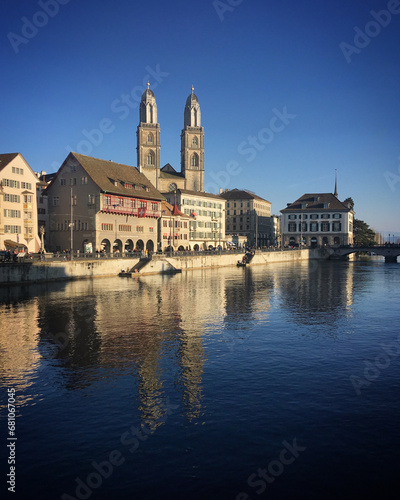 Grossm  nster church on the river Limmat in Z  rich  Switzerland  March 2019