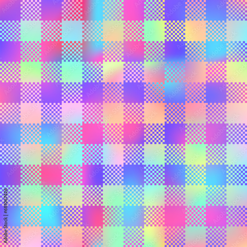 Holographic Plaid seamless patten. Vector checkered rainbow gradient plaid textured print. Shiny Iridescent plaid texture for fashion, print, design, wallpapers, background Holographic Plaid seamless patten. Vector checkered rainbow gradient plaid textured print. Shiny Iridescent plaid texture for fashion, print, design, wallpapers, background