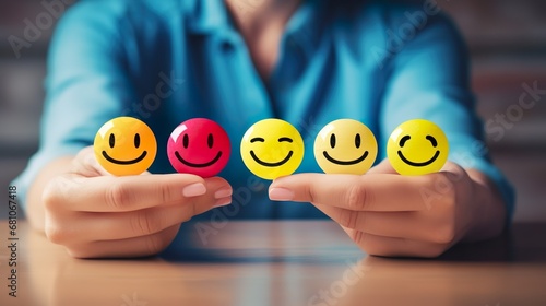 choosing happy smile face, good feedback rating and positive customer review, experience, satisfaction survey ,mental health assessment, child wellness, world mental health day concept photo