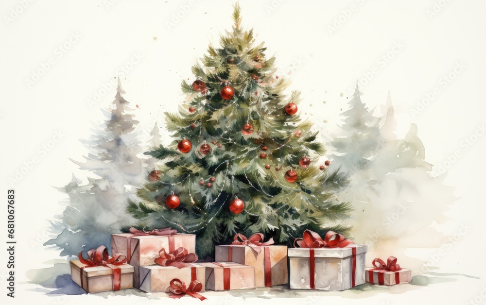 Watercolor of Christmas tree with gift boxes.