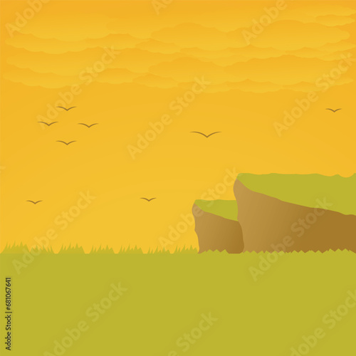 Vector illustration of beautiful summer field landscape with dawn, green hills, bright orange sky, flat cartoon style background.