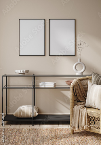 Fototapeta Naklejka Na Ścianę i Meble -  Frame mockup in interior background, beige room with modern furniture, 3d render