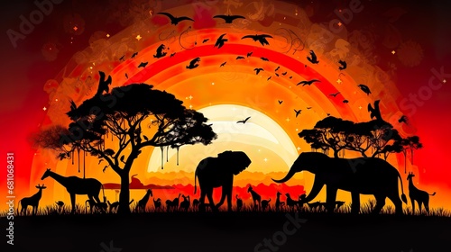 Beautiful African landscape at sunset with giraffes, trees and bushes. African landscape Sunset in Africa. Savannah silhouettes.