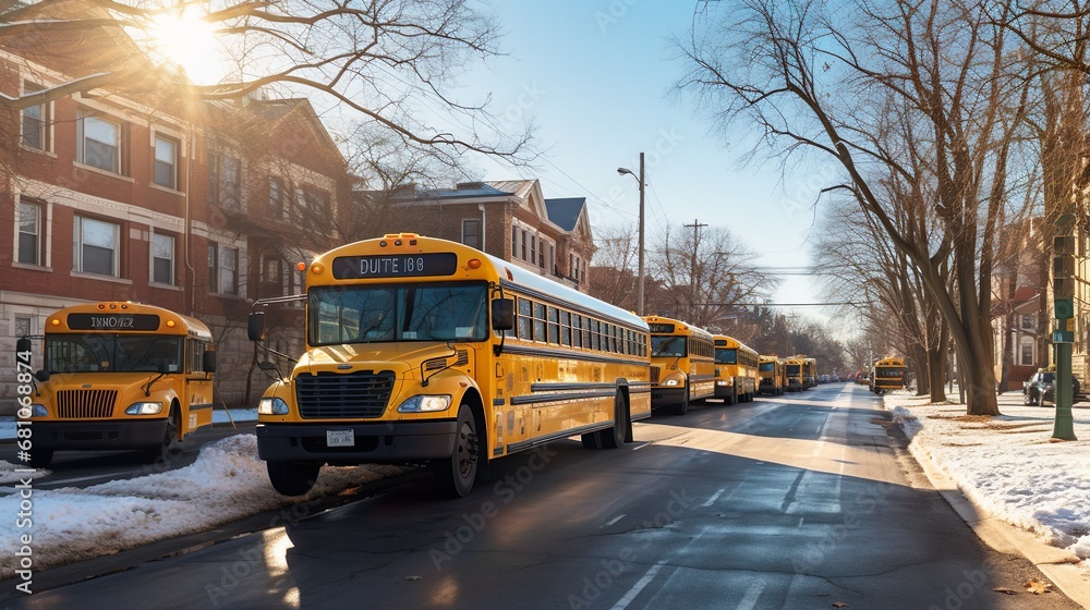 Fototapeta premium School bus with school accessories and books on blue background 3D Rendering, 3D Illustration
