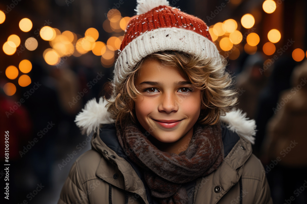 Portrait of a modern teenage boy in a red hat, jacket, scarf against a background of night festive bokeh. Portrait of a modern teenage boy in a red hat, jacket, scarf against a background of night festive bokeh.