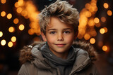 Modern teenage boy with a fashionable hairstyle on a background of night festive bokeh.