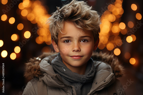 Modern teenage boy with a fashionable hairstyle on a background of night festive bokeh.