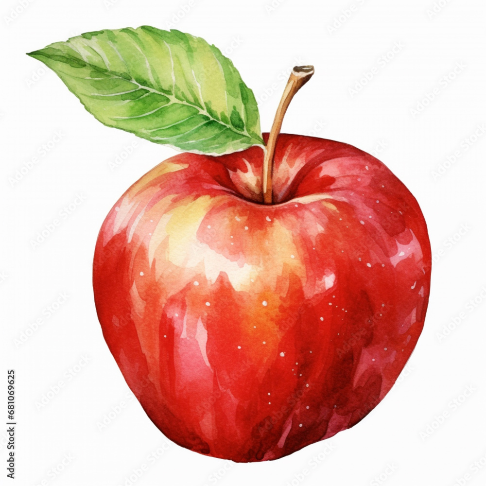 Ripe red apple with leaf isolated on white background. Watercolour illustration. Ripe red apple with leaf isolated on white background. Watercolour illustration.