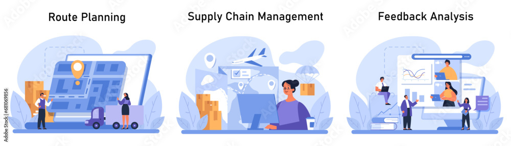 Supply Chain Efficiency set. Strategic logistics from route planning, through real-time tracking in supply chain management, to precise feedback analysis. Flat vector illustration - obrazy, fototapety, plakaty 