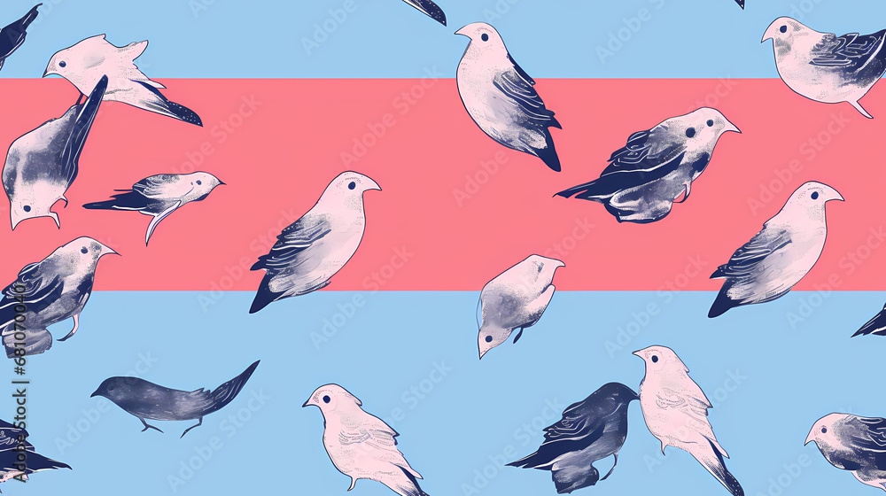 Fototapeta premium Minimalistischer Risograph-Druck mit Vögeln, mehrfarbig nahtloses Muster, nahtloser Hintergrund