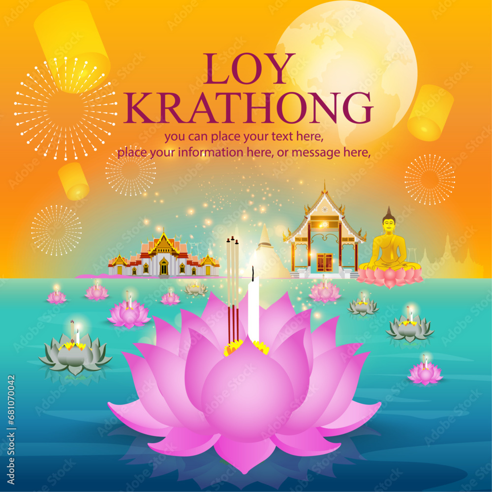 Loy Krathong Festival in Thailand banner design with Thai calligraphy, full moon, lanterns vector illustration. Celebration and Culture of Thailand
