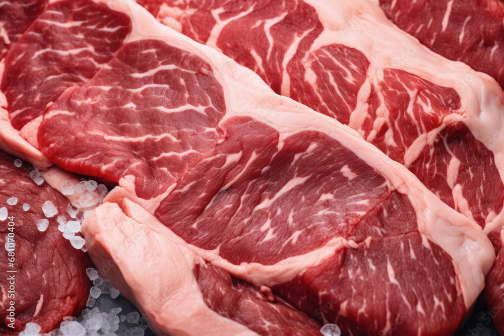 Marbled meat, top blade meat steak, on table background, with copy space for text.