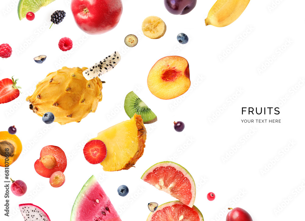 Φωτογραφία Creative layout made of blueberry, apricot, dragonfruit, kiwi, watermelon, pineapple, strawberry, grapes, lime and apple, banana on the white background