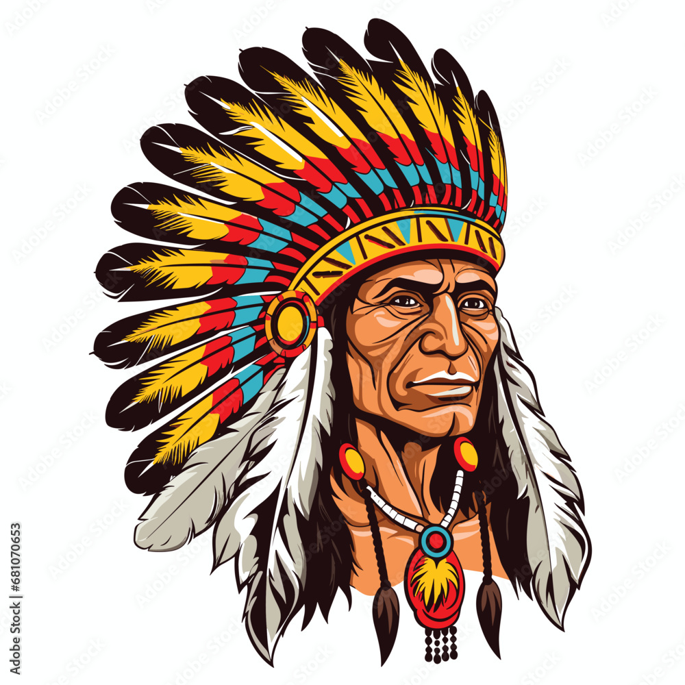 Head of an old wise Indian chief wearing a feather headdress. Vector illustration