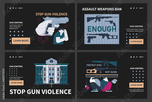 Gun control dark or night mode set. Second amendment ban. Weapon regulations law movement. Firearm violence. Mass shooting in public places and school. Flat vector illustration