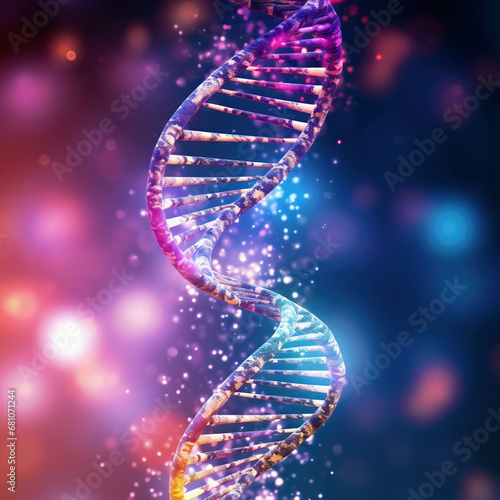 3d illustration of blue DNA helix over blue background with bokeh