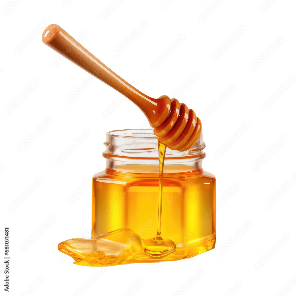 Honey dipping sticks and honey container glass on transparent background Honey dipping sticks and honey container glass on transparent background