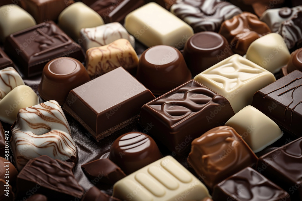 Fototapeta premium Different types of chocolate, white, dark, milk chocolate and pralines close up
