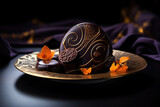 Luxury, fine dark Belgian chocolate with oranges on a dark background.