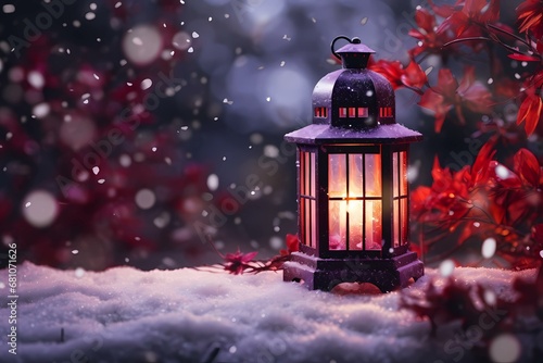 christmas lantern in the snow out of focus backdground