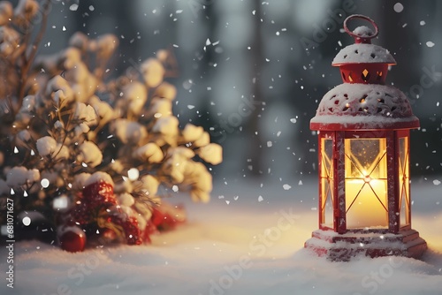 christmas lantern with snow cold winters night