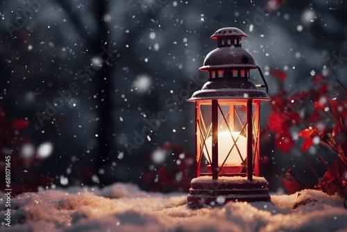 christmas lantern in the snow winter night 