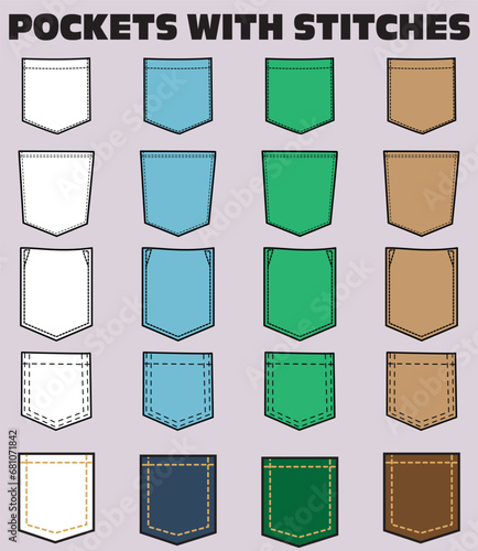 MULTICOLOR  SET OF POCKETS WITH STITCHES FOR MEN WOMEN AND KIDS WEAR GARMENTS AND APPARELS VECTOR ILLUSTRATION