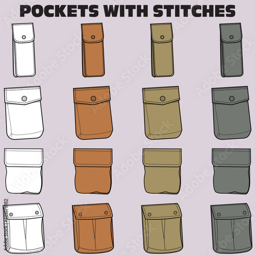 MULTICOLOR  SET OF POCKETS WITH STITCHES FOR MEN WOMEN AND KIDS WEAR GARMENTS AND APPARELS VECTOR ILLUSTRATION
