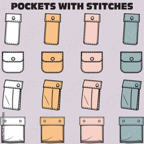 MULTICOLOR  SET OF POCKETS WITH STITCHES FOR MEN WOMEN AND KIDS WEAR GARMENTS AND APPARELS VECTOR ILLUSTRATION
