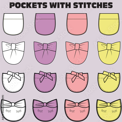 MULTICOLOR  SET OF POCKETS WITH STITCHES FOR KIDS GIRLS WEAR GARMENTS AND APPARELS VECTOR ILLUSTRATION