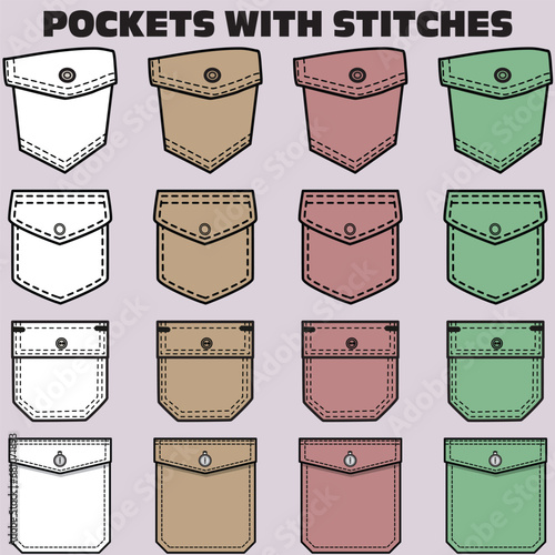MULTICOLOR  SET OF POCKETS WITH STITCHES FOR MEN WOMEN AND KIDS WEAR GARMENTS AND APPARELS VECTOR ILLUSTRATION
