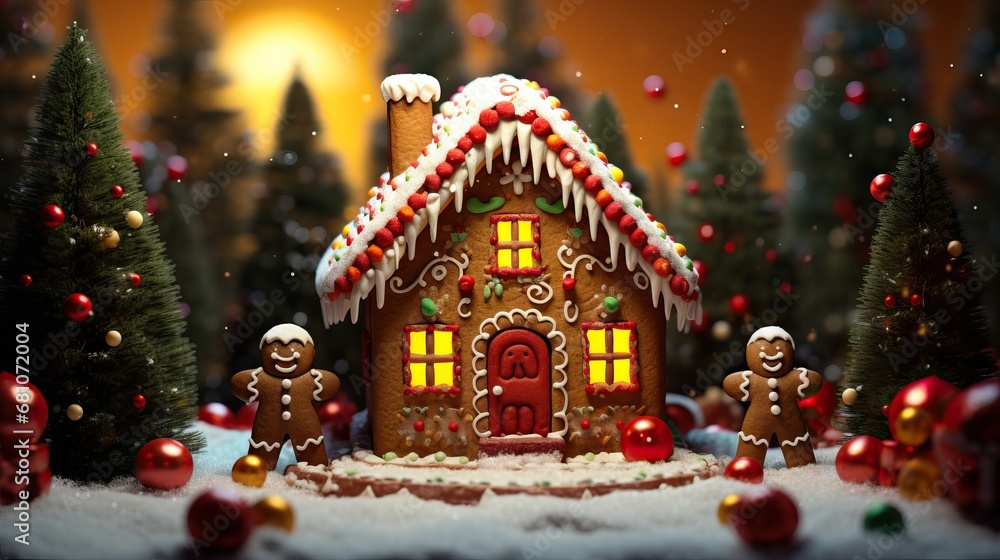 Gingerbread man cookie standing beside house with different colored candy and gumdrops, a chrismas snow scene. AI generated illustration