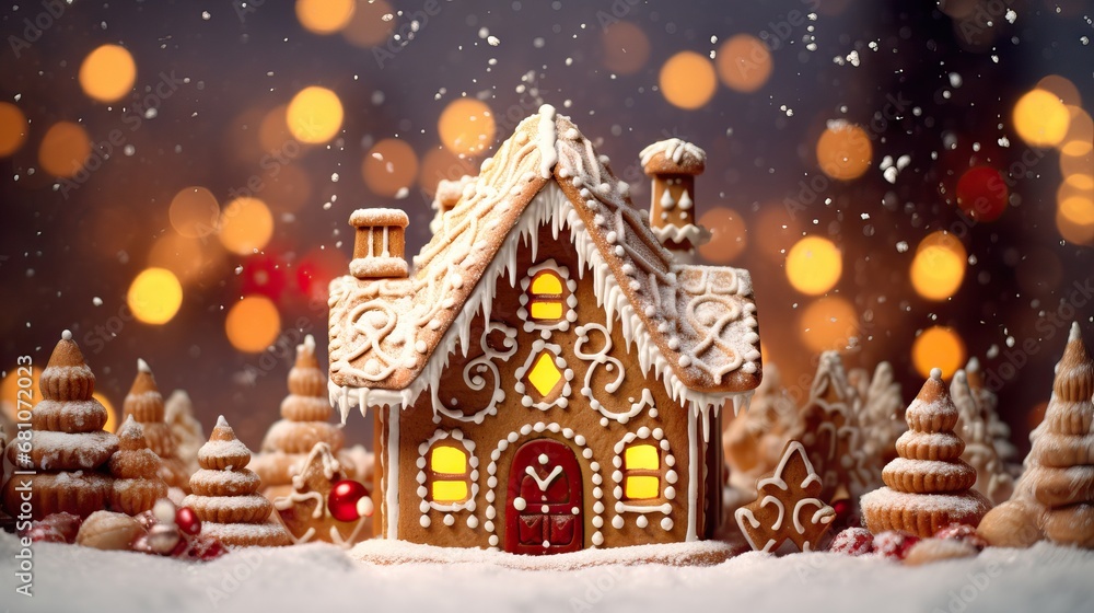 Gingerbread man cookie standing beside house with different colored candy and gumdrops, a chrismas snow scene. AI generated illustration