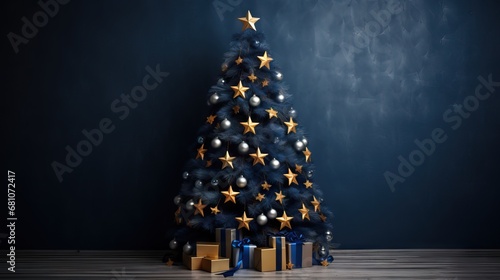 Christmas tree with blue gifts isolated on blue background. AI generated illustration photo