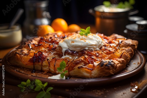 Delicious puff pastry with tangerines, whipped cream and mint