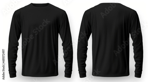 Long Sleeve Black: Men's long sleeve black t-shirt template, featuring front and back views isolated on white. Your design canvas awaits. ai generative photo