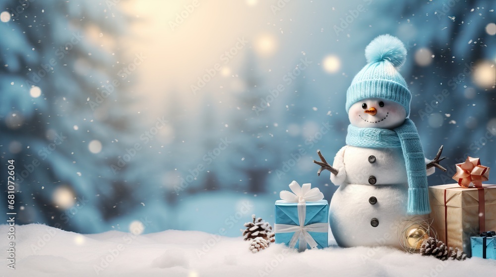 New year greeting card with copy-space.Happy snowman standing in christmas landscape.Snow background. AI generated illustration