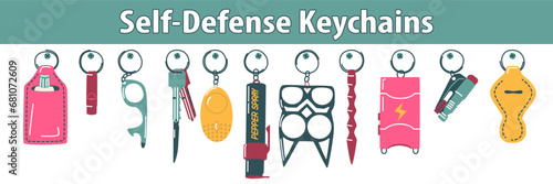 Set of keychains for self-defense, pepper spay, kay, stun gun, knuckle duster, alarm, case, whistle, knife, glass breaker