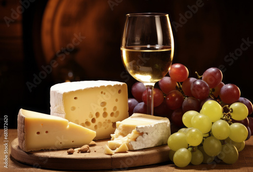 Assorted cheeses, fresh grapes and wine on the table close-up in the dark