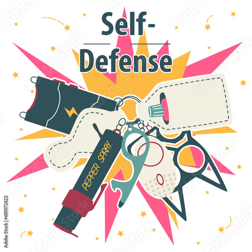 Set of keychains for self-defense, pepper spay, kay, stun gun, knuckle duster, alarm, case, whistle, knife, glass breaker
