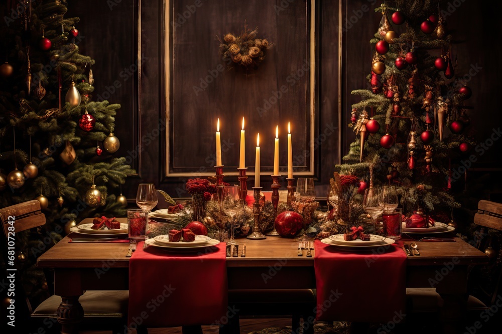 Christmas and New Year 2023, a beautiful setting of the New Year's table in red, against the background of a decorated Christmas tree and a window with a winter landscape. AI generated illustration.