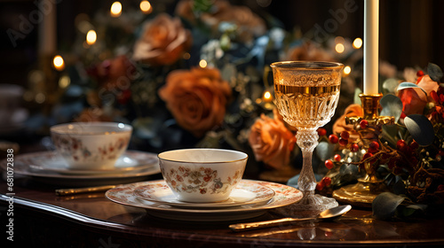 glasses of champagne on table  Elegant table setting with beautyful flowers  candles and wine glasses in restaurant. Selective focus.  Elegant table setting with beautyful flowers  candles and wine g 