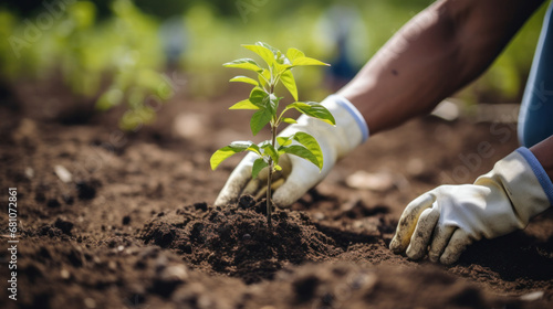 Man in gloves planting trees, with a blurred community group in a garden. Advocating for local food production and habitat restoration, embracing sustainability and community engagement. ai generative